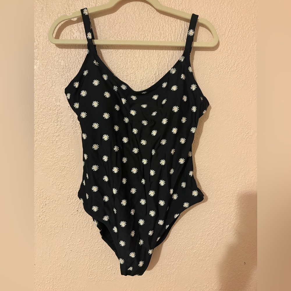 Old Navy Black One-Piece Swimsuit with White Daisy Print